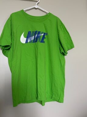 Nike Green Tee with White Swoosh and Blue Gradient Logo